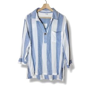 Old Navy Linen-Blend Striped Popover Tunic NWT Women’s M Blue White Collared Top